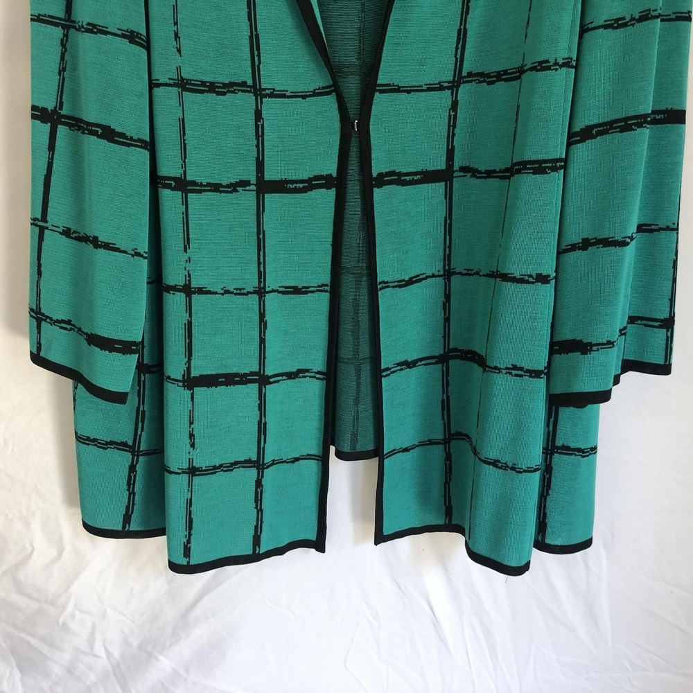 Ming Wang Cardigan Sweater Womens 2X Green Black Grid Check Knit Open Front - Picture 3 of 12